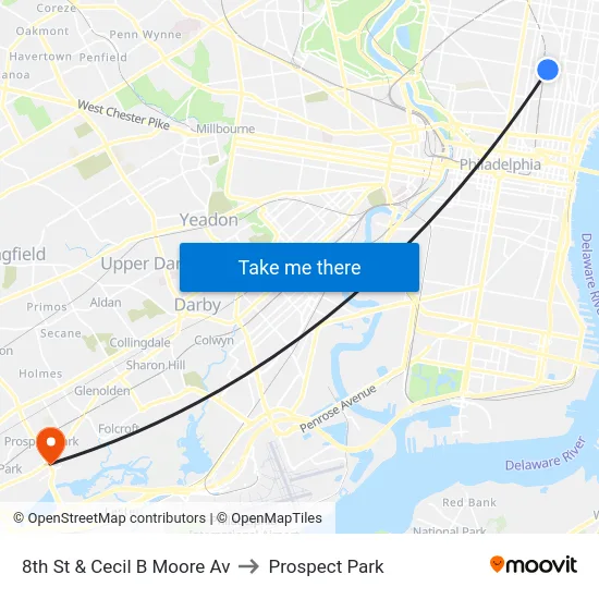 8th St & Cecil B Moore Av to Prospect Park map