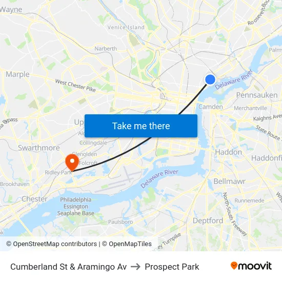 Cumberland St & Aramingo Av to Prospect Park map