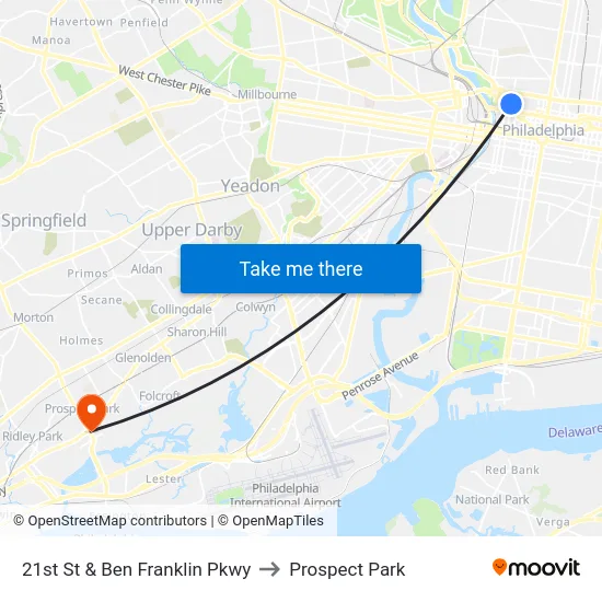 21st St & Ben Franklin Pkwy to Prospect Park map