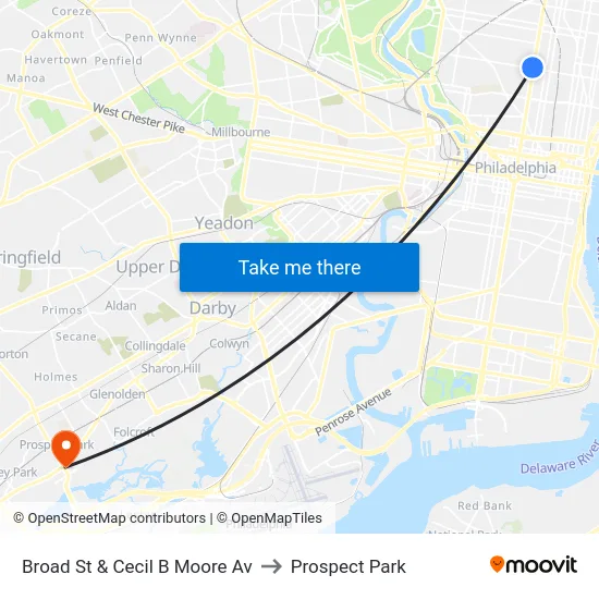 Broad St & Cecil B Moore Av to Prospect Park map