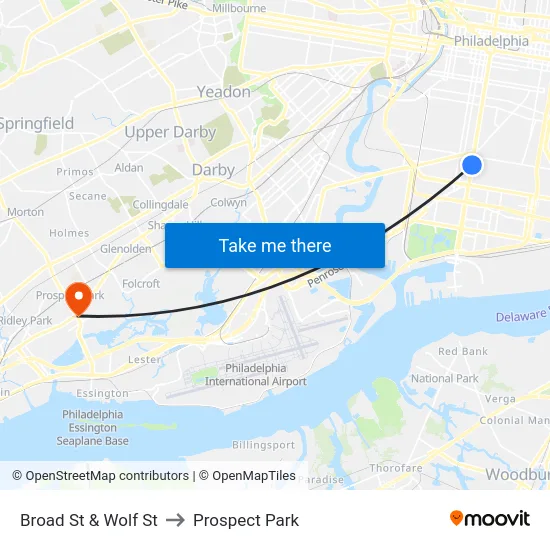 Broad St & Wolf St to Prospect Park map