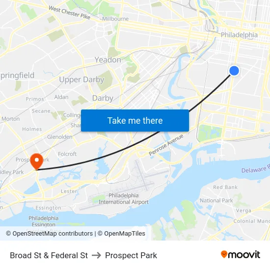 Broad St & Federal St to Prospect Park map