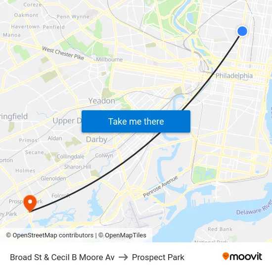 Broad St & Cecil B Moore Av to Prospect Park map