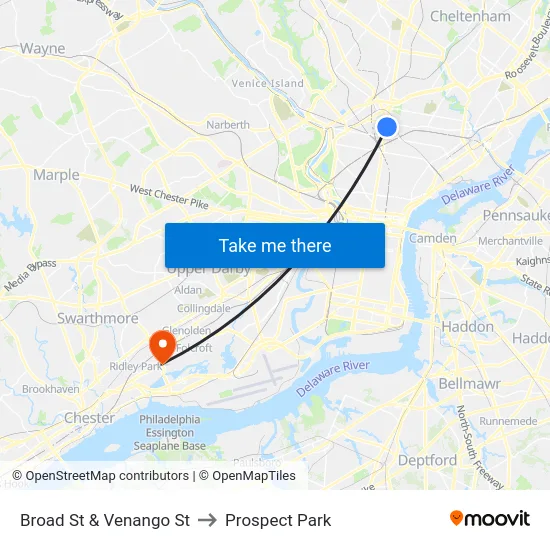 Broad St & Venango St to Prospect Park map