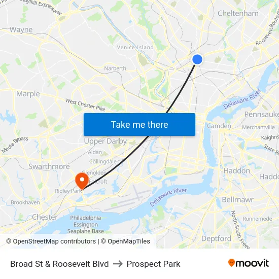 Broad St & Roosevelt Blvd to Prospect Park map