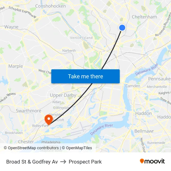 Broad St & Godfrey Av to Prospect Park map