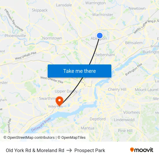 Old York Rd & Moreland Rd to Prospect Park map