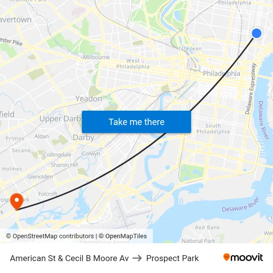 American St & Cecil B Moore Av to Prospect Park map