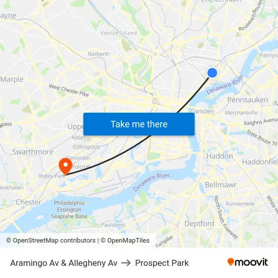 Aramingo Av & Allegheny Av to Prospect Park map