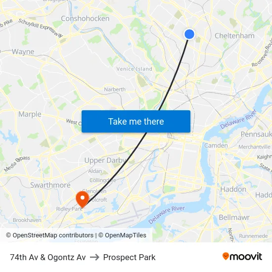 74th Av & Ogontz Av to Prospect Park map
