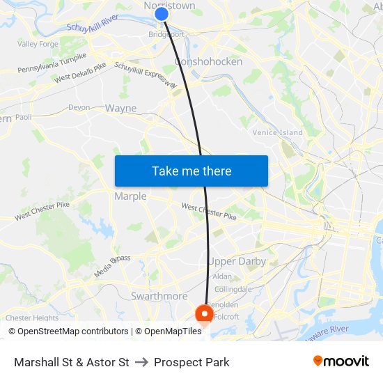 Marshall St & Astor St to Prospect Park map