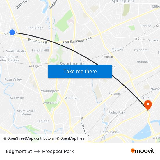Edgmont St to Prospect Park map