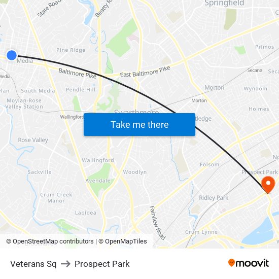 Veterans Sq to Prospect Park map