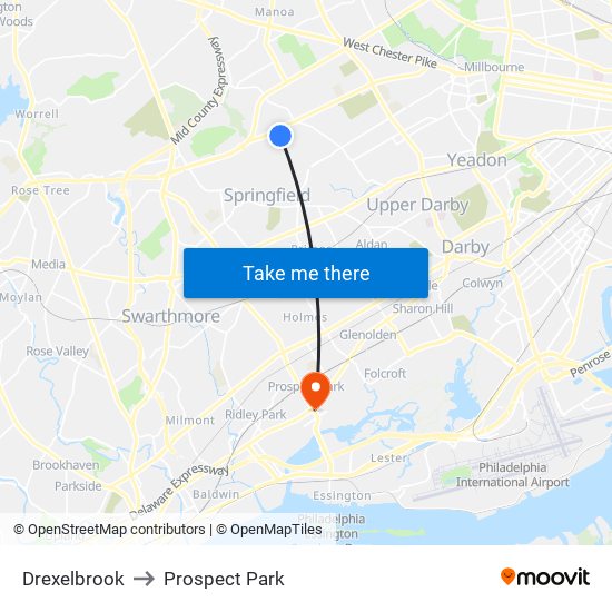 Drexelbrook to Prospect Park map