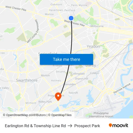 Earlington Rd & Township Line Rd to Prospect Park map
