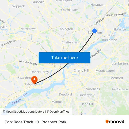 Parx Race Track to Prospect Park map