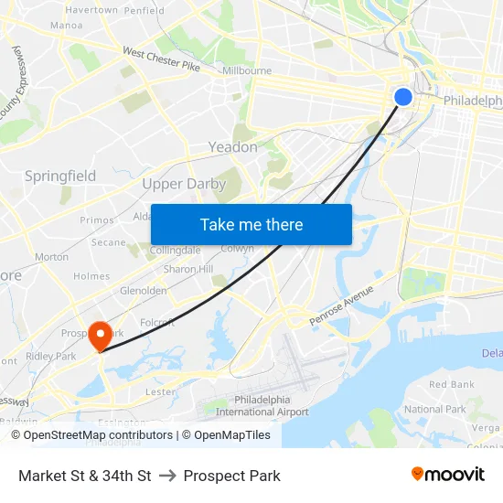 Market St & 34th St to Prospect Park map