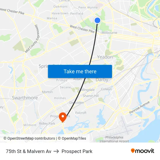 75th St & Malvern Av to Prospect Park map