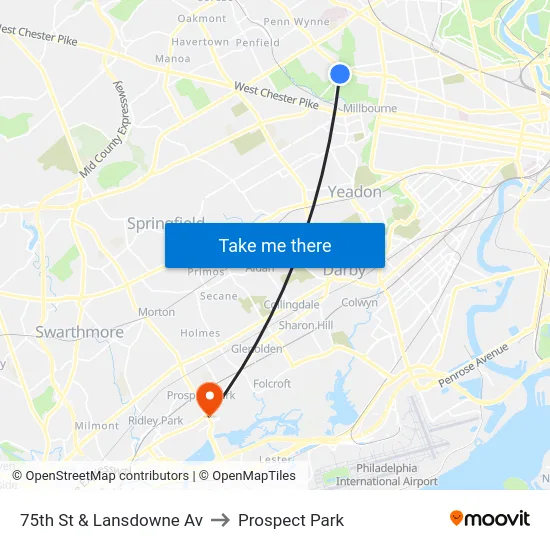 75th St & Lansdowne Av to Prospect Park map