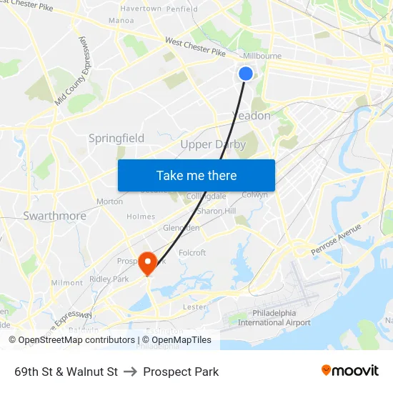 69th St & Walnut St to Prospect Park map