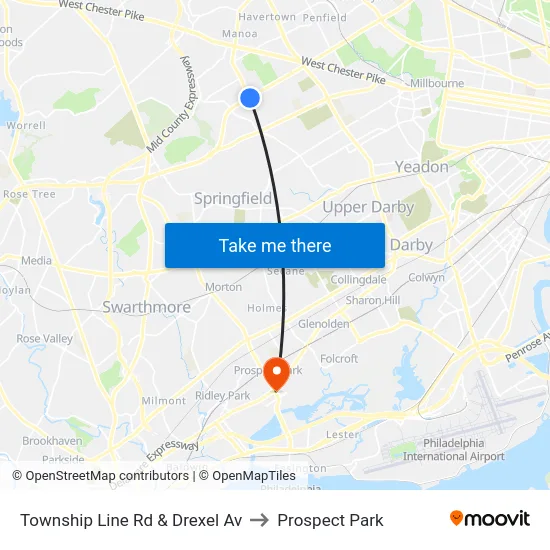 Township Line Rd & Drexel Av to Prospect Park map