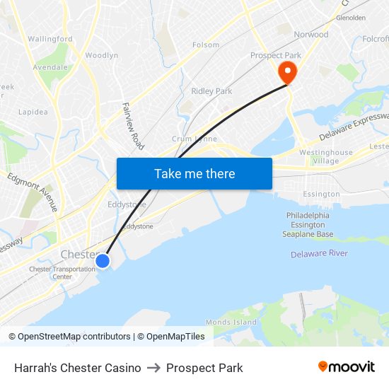Harrah's Chester Casino to Prospect Park map