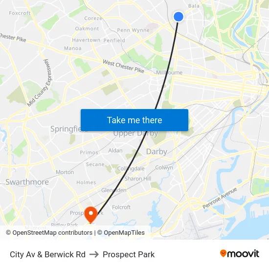 City Av & Berwick Rd to Prospect Park map