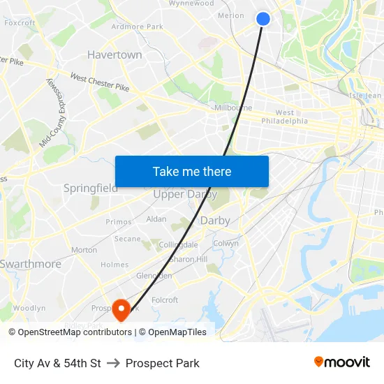 City Av & 54th St to Prospect Park map
