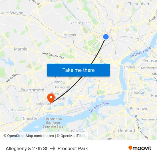 Allegheny & 27th St to Prospect Park map