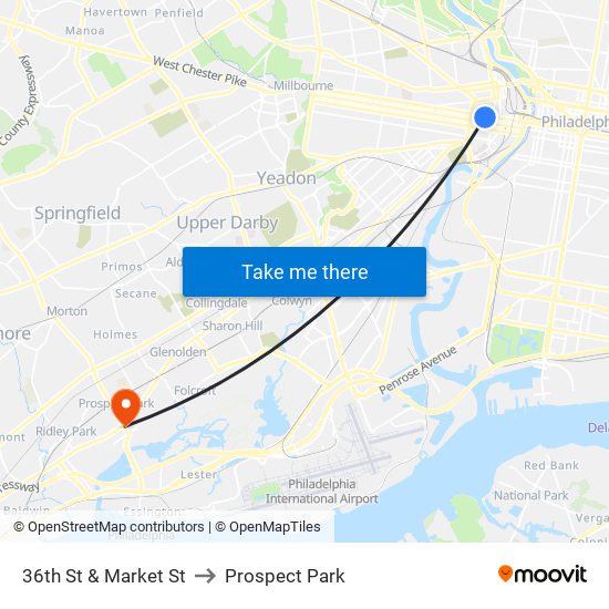 36th St & Market St to Prospect Park map