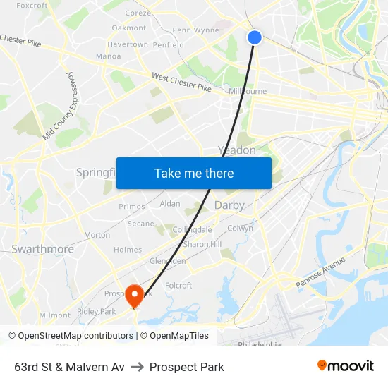 63rd St & Malvern Av to Prospect Park map