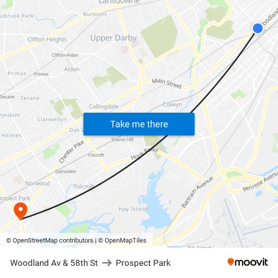 Woodland Av & 58th St to Prospect Park map