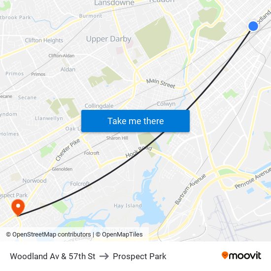 Woodland Av & 57th St to Prospect Park map