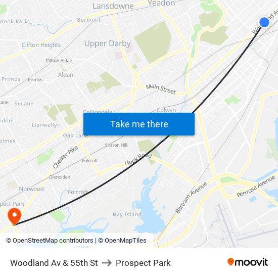 Woodland Av & 55th St to Prospect Park map
