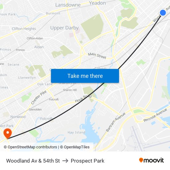 Woodland Av & 54th St to Prospect Park map