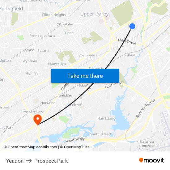 Yeadon to Prospect Park map