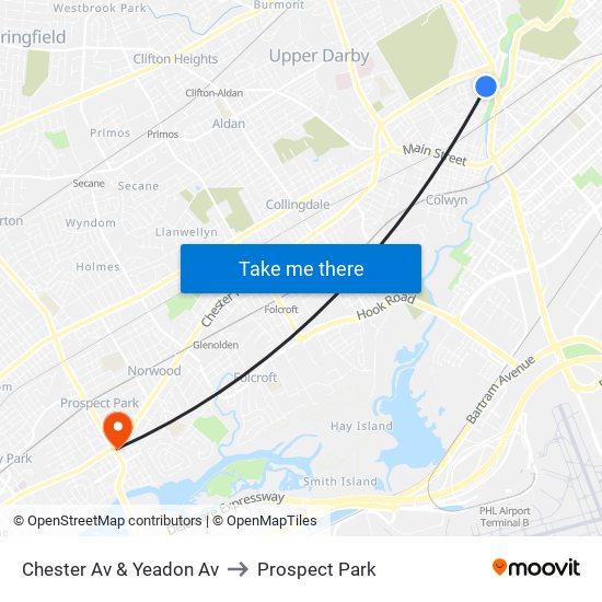 Chester Av & Yeadon Av to Prospect Park map