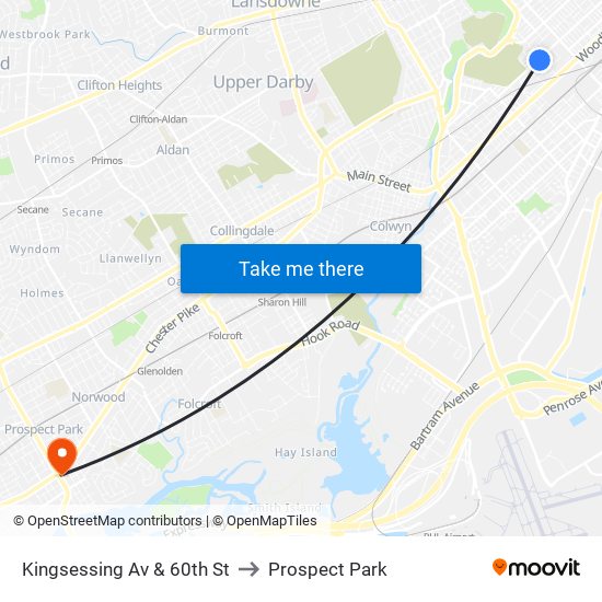 Kingsessing Av & 60th St to Prospect Park map