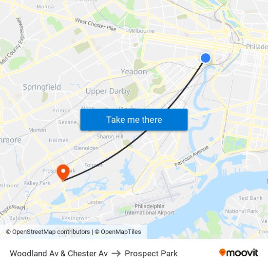 Woodland Av & Chester Av to Prospect Park map