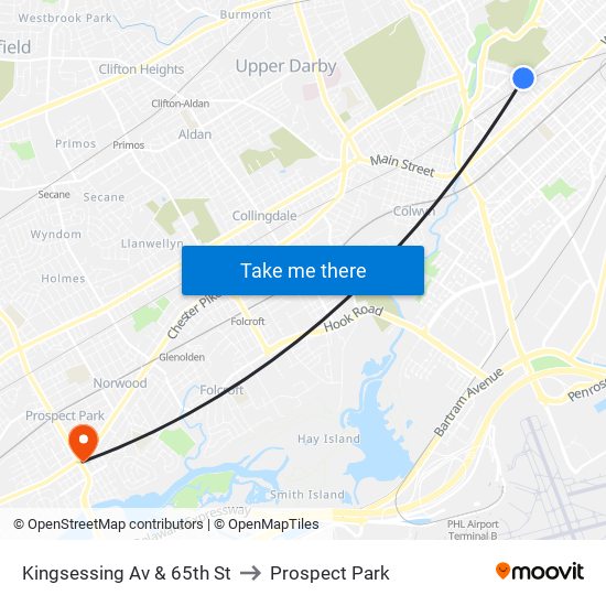 Kingsessing Av & 65th St to Prospect Park map