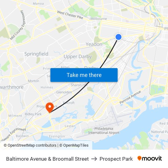 Baltimore Avenue & Broomall Street to Prospect Park map