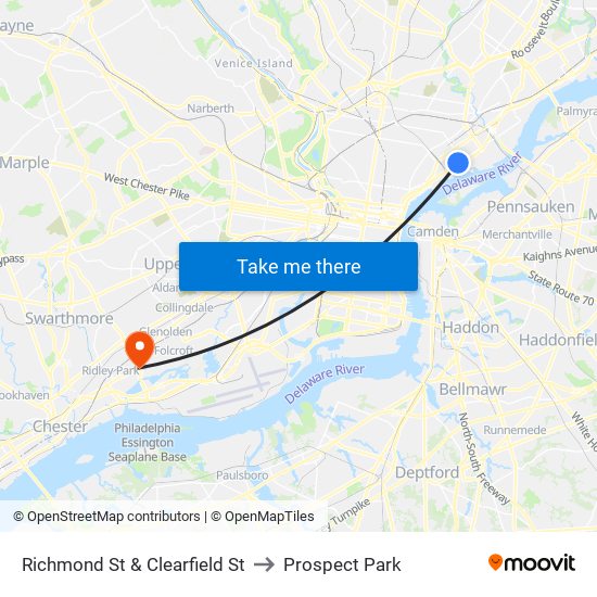 Richmond St & Clearfield St to Prospect Park map