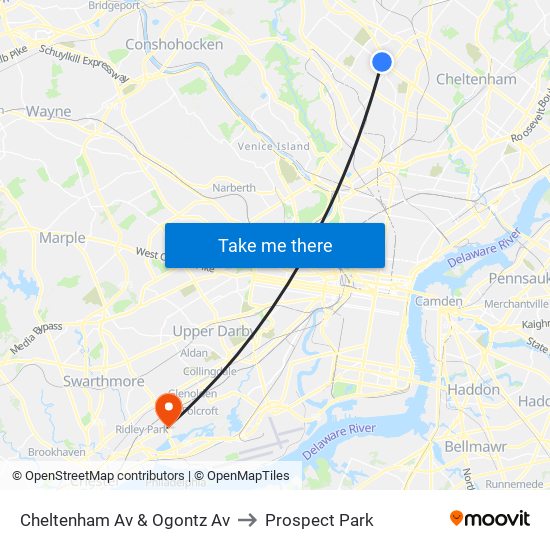 Cheltenham Av & Ogontz Av to Prospect Park map