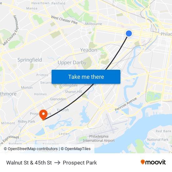 Walnut St & 45th St to Prospect Park map