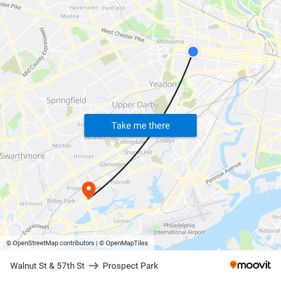 Walnut St & 57th St to Prospect Park map