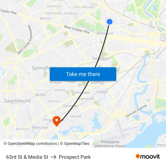 63rd St & Media St to Prospect Park map