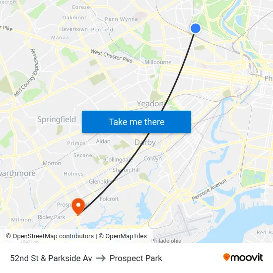 52nd St & Parkside Av to Prospect Park map