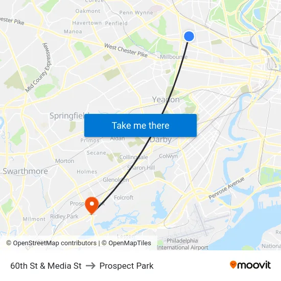 60th St & Media St to Prospect Park map