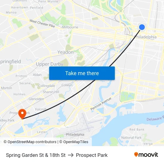 Spring Garden St & 18th St to Prospect Park map