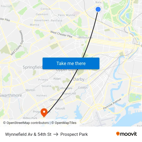Wynnefield Av & 54th St to Prospect Park map